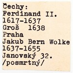 3 krejcar 1638 (posmrtný) Praha - Wolker, starý podložní štítek. MKČ-763.  kraj. střížek...