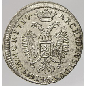 3 krejcar 1719 Praha - Scharff. MKČ-1835.  na líci vlas. rysky, n. prohnut