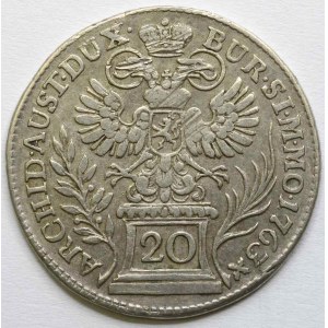 20 krejcar 1763 Praha, chyboražba: na rubu nad horní korunou místo křížku pouze tečka.  n. vada mat., v R n. just...
