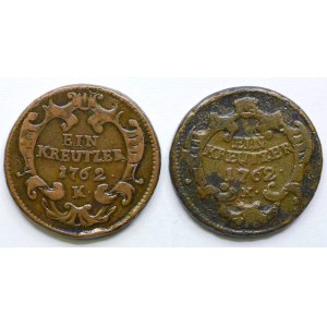 Cu 1 krejcar 1762 K, 2 různé var.