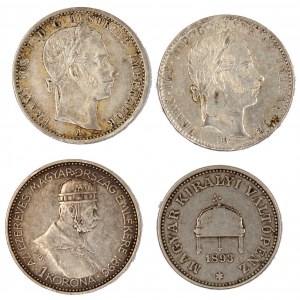 ¼ zlatník 1860 B, 1 K 1896 KB jub., 20 filler 1893 KB.  n. hry
