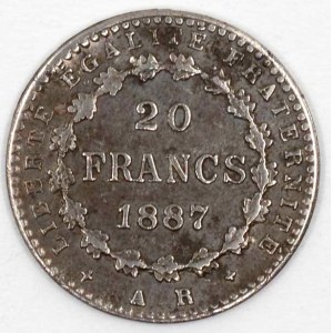 III. republika (1871-1940). 20 frank 1887 (Fe zkouška). KM-jako PN-98.  dr. koroze, nep...