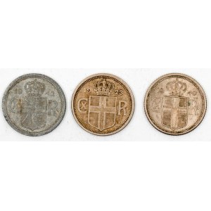25 aurar 1923 Kodaň, 1940 Londýn, 1940 Londýn z nouzového kovu (zinek). KM-2.1, 2.2, 2a