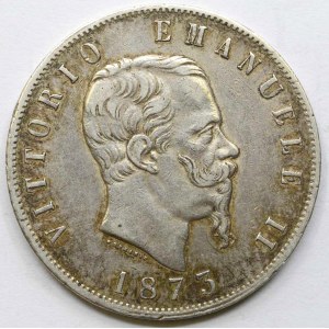 Itálie.  Viktor Emanuel II. (1861-78). 5 lira 1873 Miláno. KM-8.3