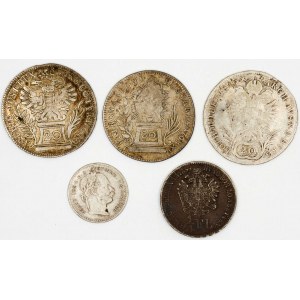 20 krejcar (3 ks různé), 1/4 zlatník 1859 B, 10 krejcar 1872