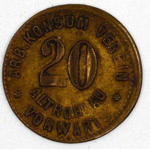 Stará Role  (Altrohlau, okr. Karlovy Vary). Konsum Vorwärts, hodnota 20. Mosaz 19,3 mm