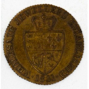 Bradford . Hrací žeton ve tvaru mince 1/2 guinea s let. 1831 firmy Fattorini & sons. Mosaz 25,5 mm