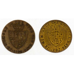 Hrací žeton ve tvaru mince 1/2 guinea s let. 1768 a 1797. Mosaz 26,2 mm, 25,6 mm