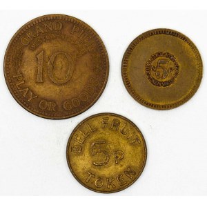 Platební známky, hodnota 10 p. (29,6 mm), 5 p. (22,7 mm, 22,9 mm), vše mosaz