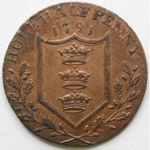 Velká Británie .  Hull  (Yorkshire). 1/2 penny 1791. Znak / plachetnice s let. 1794. Bronz 28,3 mm