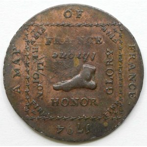 Emsworth  (Hampshire). 1/2 penny 1794. Portrét hraběte Howe / bosá noha na pomyslné mapě Francie. Bronz 28,2 mm...