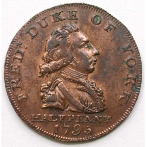Middlesex . 1/2 penny 1795. Portrét hraběte z Yorku / plachetnice. Bronz 29 mm.  patina