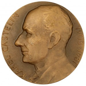 Karel Castelin 1984. Portrét, opis / krajina, mince, nápis. Sign. Prádler. Bronz 60 mm (87,2 g). ČNM-A1...