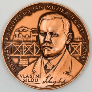 Numismatika Příbram.  130 let tratě Zdice - Protivín 1875 - 2005, Jan Muzika. Portrét, parní vlak na mostě, opis ...