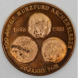100 let mincovního nálezu v Ascherlebenu 1888 - 1988. Veduta města z r. 1850, opis / 3 mince, opis. Sign. König...
