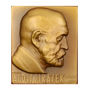 Hájek.  Alois Jirásek b.l. Portrét, nápis. Jednostr. dutý bronz 61,5 x 52,5 mm, uchyceno na podložce v orig...