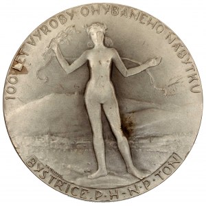 100 let výroby ohýbaného nábytku, n.p. TON, Bystřice p. H. 1861 - 1961. Stojící nahá dívka v krajině, opis ...