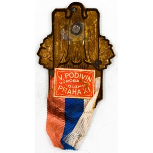 Otevření Sokolovny 18.VII.1937. Mosaz, bez jehly, stužka, na nálepce výrobce Podivín Praha