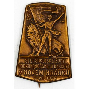 Slet sokolské župy Podkrkonošské Jiráskovy 2.VII.1939. Mosaz, jehla
