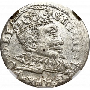 Zygmunt III Waza, Trojak 1596, Ryga - nieopisana przebitka 6/9 NGC AU58