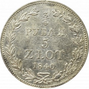 Poland under Russia, Nicholas I, 3/4 rouble=5 zloty 1840 MW