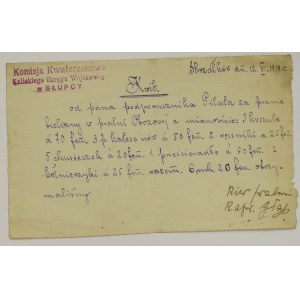 II RP, Wielkopolska, Komisja Kwaterunkowa Kaliski Okręg Wojskowy w Słupcy, Kwit 1919
