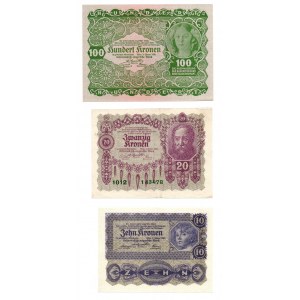 Austria, zestaw 10, 20, 100 koron 1922