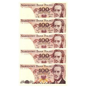 PRL, 100 złotych 1988 - zestaw 5 egzemparzy