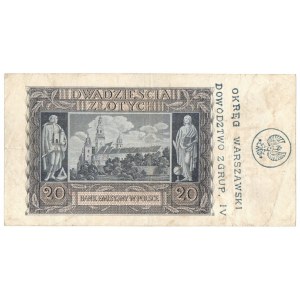Powstanie Warszawskie 1944 , 20 złotych 1940 z nadrukiem OKRĘG WARSZAWSKI/ DOWÓDZTWO Z GRUP. IV