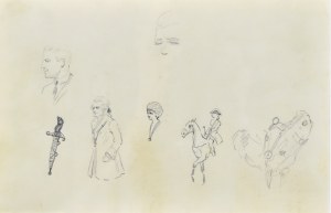 Karol KOSSAK (1896-1975), Szkice postaci, jeźdźca, głowy konia, sztyletu, 1922