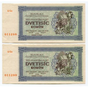 Czechoslovakia 2 x 2000 Korun 1945 Specimen With Consecutive Numbers