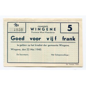 Belgium 5 Francs Notgeld 1940 (ND)