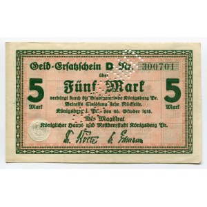 Germany - Empire East Prussia Magistrat of Konigsberg 5 Mark 1918 UNGULTIG