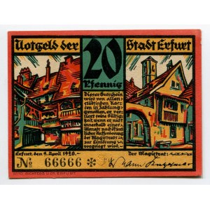 Germany - Weimar Republic Erfurt 20 Pfennig 1920 Notgeld Super Number
