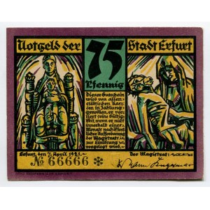 Germany - Weimar Republic Erfurt 75 Pfennig 1921 Notgeld Super Number