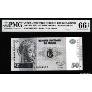 Congo Democratic Republic 50 Francs 1997 Rare Early Type PMG 66 EPQ