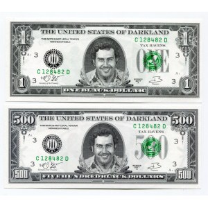 United States of Darkland 1 & 500 Dollars 2017 Specimen Pablo Escobar Same S/N