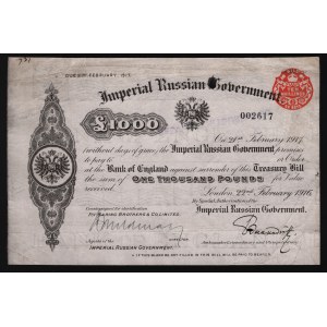 Russia Imperial Goverment Loan in London 1000 Pounds 1916 Rare
