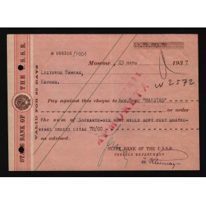 Russia State Bank of USSR Moscow - Kaunas 1937 Very Rare