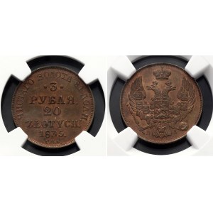 Russia - Poland 3 Roubles - 20 Zlotych 1835 СПБ ПД BRONZE!!! NGC MS 64 RB