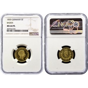 German States Baden 5 Thaler - 500 Kreuzer 1830 NGC MS64PL (+VIDEO)