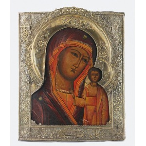 Ikona - Matka Boska Kazańska, z ozdobnym okuciem