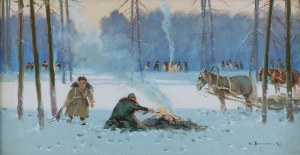 Władysław BOROWICKI (1909-1997), Rozpalanie ogniska [Scena z polowania]