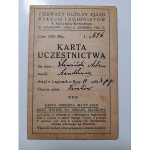 Karta Uczestnictwa w Pierwszym Ogólnym Zjeździe Byłych Legionistów 5-7 sierpnia 1922 r.