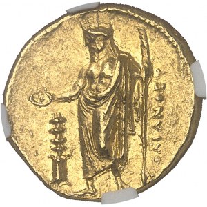 Cyrénaïque, Cyrène, Ophélas, gouverneur (322-308 av. J.-C.). Statère d’Or au nom du magistrat Polyanthes ND (312-309), Cyrène.