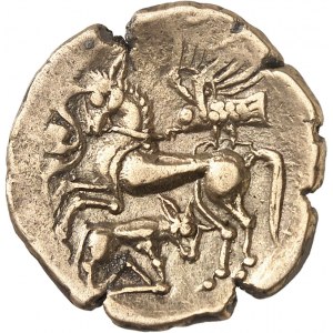 Osismes (fin du IIe s. - Ière moitié du Ier s. av. J.-C.). Statère d’or au cheval et taureau-enseigne c.120-50 av. J.-C.