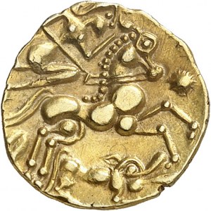 Aulerques Éburovices (fin de la guerre des Gaules). Quart de statère classe II, à la joue tatouée ND (80-50 av. J.-C.).