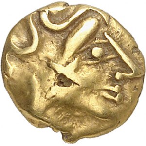 Carnutes (IIe - Ier siècle av. J.-C.). Huitième de statère à l’aigle et joue tatouée ND (c.60-40 av. J.-C.).