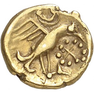 Carnutes (IIe - Ier siècle av. J.-C.). Huitième de statère à l’aigle et joue tatouée ND (c.60-40 av. J.-C.).