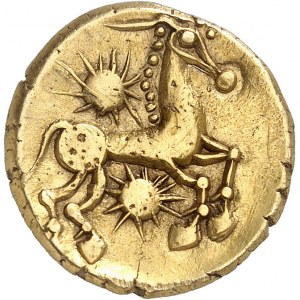 Bellovaques. Statère à l’astre et au cheval à droite ND (50-30 av. J.-C.).